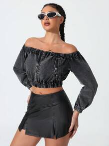 Women's Off-Shoulder Denim Blouse With Ruffle Detail Cowgirl Top - Black - View 4