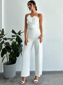 Firerie Women Elegant Design Asymmetrical Strapless Crop Tube Top & High Waisted Faux Boned Straight Pants Set, All White Two-Piece Outfit