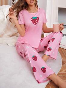 圆领短袖休闲草莓印花女士睡衣套装，夏季 - 彩色 - 查看 6