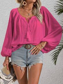 SHEIN Unity Lace Patchwork Fringe Tie Front Vacation Blouse - Hot Pink - View 4