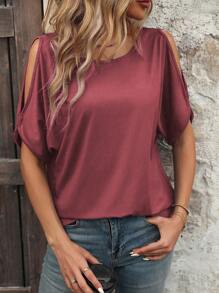 Calvaya Camiseta de verano casual de mujer con cuello redondo de unicolor y hombros abiertos - Color caoba - Ver 5