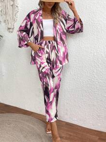 Breezaya 2 件套树叶印花休闲和服风格长袖上衣和裤子，夏季 - 玫紅色 - 查看 4