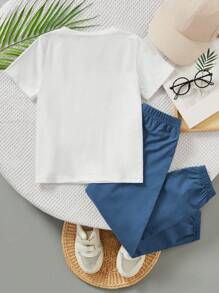 SHEIN Explorewe 男童老鷹印花圓領短袖休閒T恤和Jogger褲裝套組，夏季 - 藍色 - 查看 2