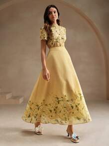 Anewsta 2 件套女士浪漫花卉印花圆领泡泡袖衬衫和紧身裙套装适合假期 - 黃色 - 查看 1