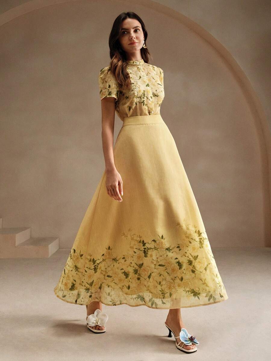 Anewsta 2 件套女士浪漫花卉印花圆领泡泡袖衬衫和紧身裙套装适合假期 - 黃色 - 查看 1