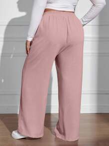 SHEIN EZwear 大码女式纯色简约休闲阔腿裤 - 藕粉色 - 查看 2
