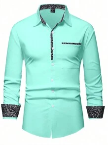 Manfinity Mode Loose Fit Men's Floral Print Button-Up Shirt, Fall, Long Sleeve Top - Blue - View 4