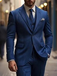 Manfinity Mode 男士纯色西装套装（夹克和裤子） - 藏蓝色 - 查看 1