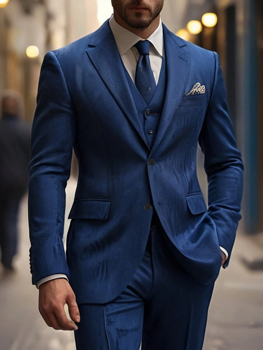 Manfinity Mode 男士纯色西装套装（夹克和裤子） - 藏蓝色 - 查看 1