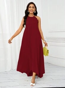 SHEIN Lady 圣诞派对礼服节日连衣裙夏季女士连衣裙休闲长款吊带连衣裙 - 酒紅色 - 查看 5