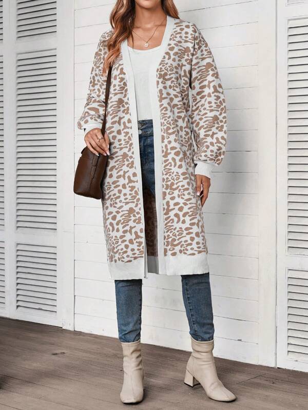 EMERY ROSE Casual Leopard Jacquard Knit Cardigan For Women, Fall Women Clothes