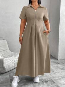 Flirla Đầm Maxi Tay Ngắn Đơn Giản Màu Trơn Cỡ Lớn Cho Nữ Trang Phục Nữ - Màu Khaki - Xem 5