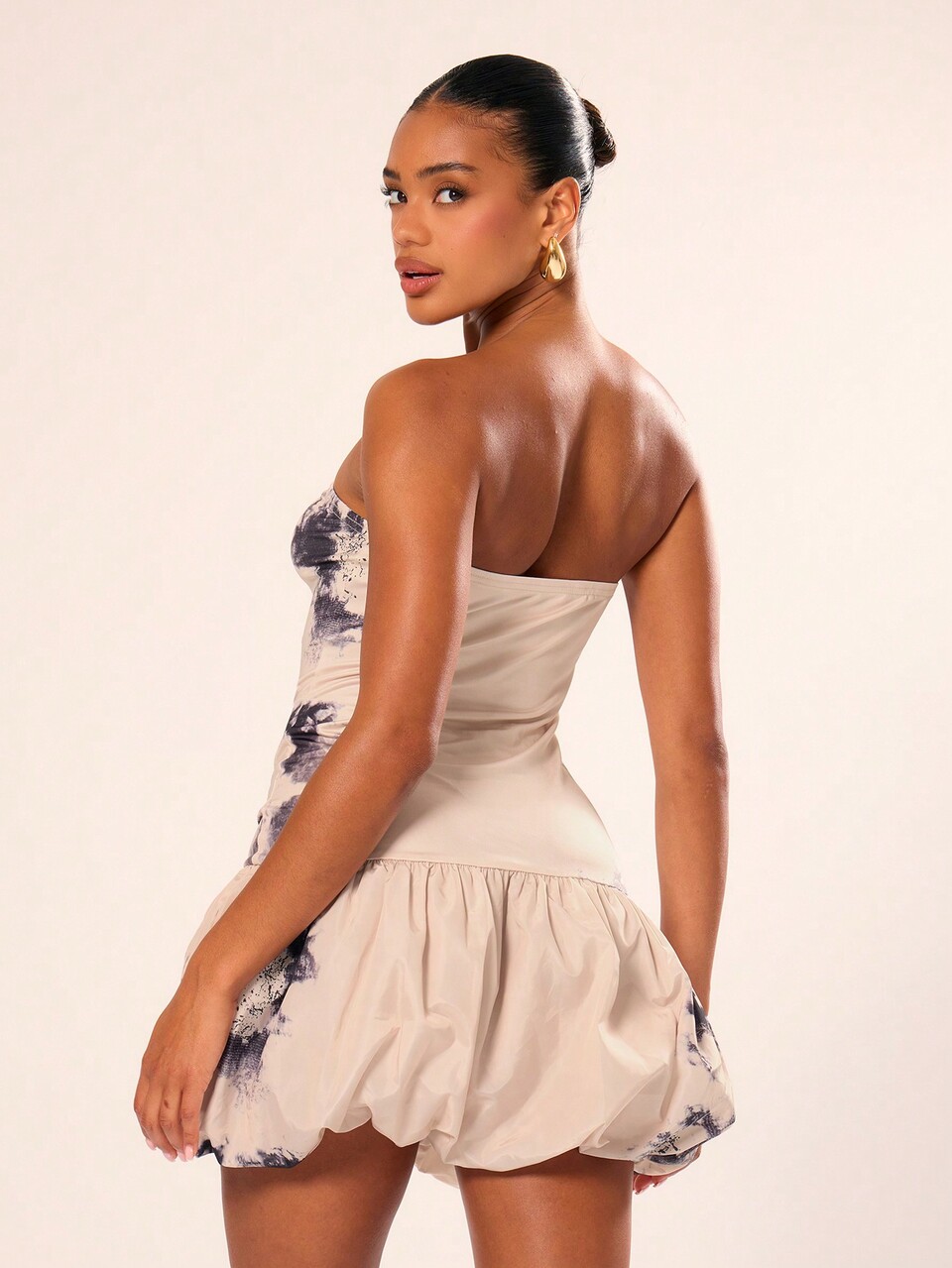 Tie Dye Printed Puff Ball Bandeau Mini Dress Sexy Cute Summer Evening