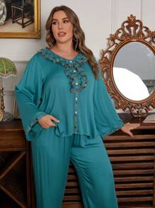 PalaceNights Heart Embroidery Ruffled Collar Front Open Long Sleeve Pajama Set Plus Size
