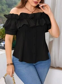 SHEIN Privé 大码女式优雅纯色 3D 荷叶边露肩修身短袖衬衫，夏季节日婚礼夸张衬衫，适合正式场合