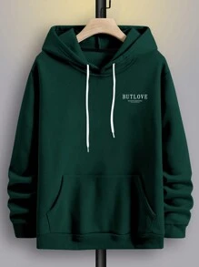 Manfinity EMRG 男士宽松印花连帽抓绒卫衣，绿色图案连帽衫，深绿色连帽衫，秋冬款 - 墨綠色 - 查看 2