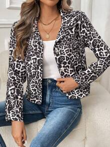 SHEIN LUNE Leopard Print Casual Bomber Jacket, Fall & Spring - Multicolor - View 3