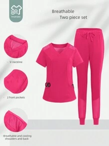 TaskEZ Solid Color Minimalist Daily V-Neck Short Sleeve Top & Pants Uniform Scrub Set - Hot Pink - View 3