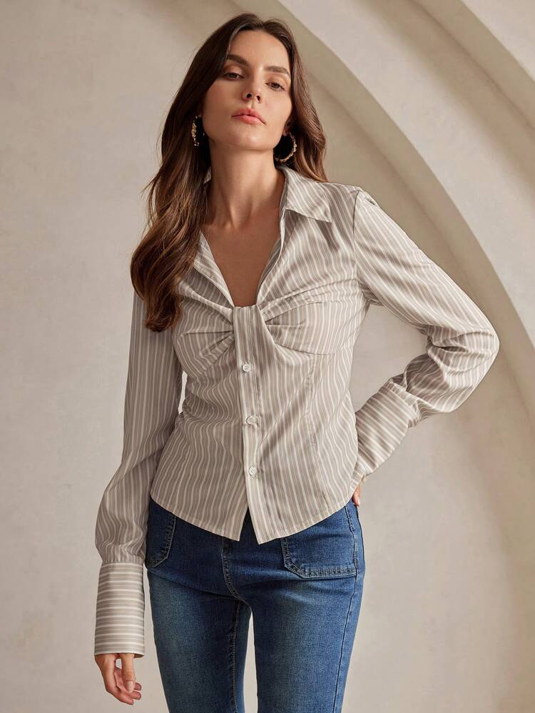 V-Neck Pleated Bust Fitted Office Elegant Women's Blouse Women Shirt