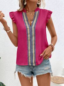 SHEIN LUNE 女士彩色编织简约日常短款盖袖衬衫 - 玫紅色 - 查看 6