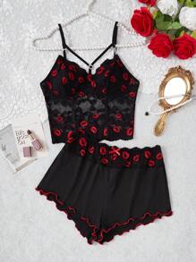 Red Lips & Heart Lace Trim Sexy Camisole And Shorts Sleepwear Set - Black - View 1