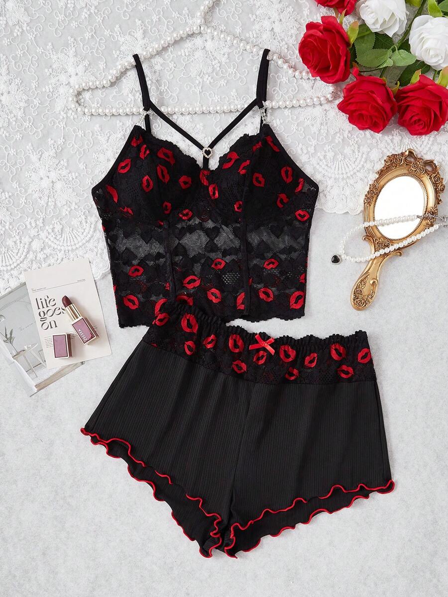 Red Lips & Heart Lace Trim Sexy Camisole And Shorts Sleepwear Set - Black - View 1