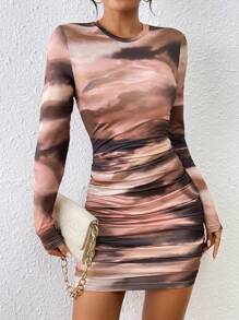 Allurite Women's Fashionable Full Print Ruffle Bodycon T-Shirt Dress - Multicolor - View 3