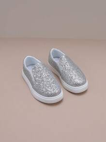 أحذية رياضية مسطحة كاجوال فضية مرصعة بالترتر للأطفال - أبيض - مشاهدة 3