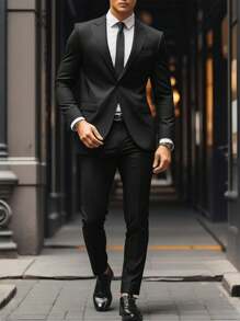 Manfinity Mode Men 1pc Shawl Collar Single Button Blazer & 1pc Suit Pants - Black - View 3