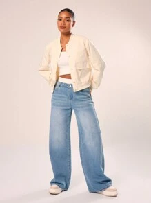 MUSERA Áo khoác bomber crop có túi - Màu be - Xem 4