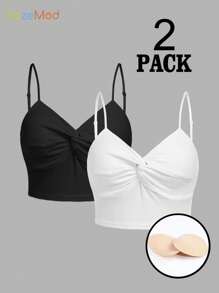 SHEIN Set de 2 piezas de sujetador con tirantes ajustables y top corto acolchado y transpirable con nudo en V para adolescentes, sujetador y camiseta para estudiantes - Blanco y Negro - Ver 1