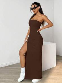 SHEIN EZwear Vestido elegante de diseño minimalista de color liso, sin tirantes y sin espalda con abertura para mujer