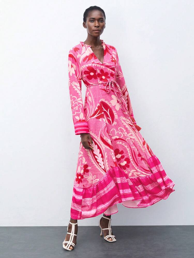SHEIN Maija 2026 Spring & Summer Outfits Women V-Neck Random Print Long Sleeve Dress,Fabric Waistband, Slim-Fit A-Line Silhouette, Rose Red Printed Hem,Long Summer Dress For Women,Valentine Dress,Vacation Outfits Women, Floral Dress For Women