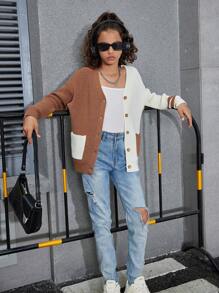 Tween Girl Contrast Color Buttoned Pocket V-Neck Long Sleeve Casual Cardigan , Color Block