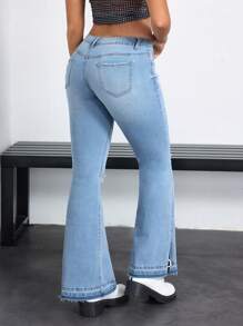 SHEIN EZwear 女士破洞下摆喇叭牛仔裤 - 淺色水洗藍 - 查看 2