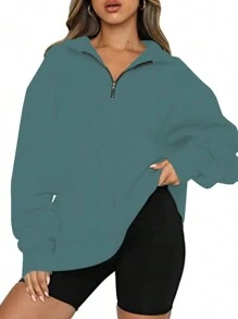 Plus Size Women's Solid Color Minimalist Long Sleeve Sweatshirt, Everyday Wear - Green - View 1