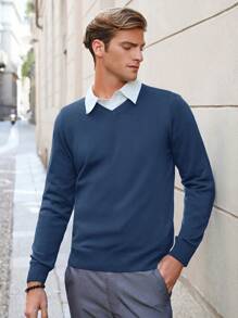 RueChic Men Solid V Neck Sweater Without Shirt - Blue - View 3