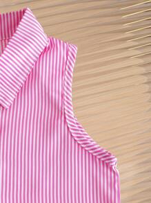SHEIN Sleeveless Striped Shirt Detail Button Down Cute Fashion Casual Dress For Young Girls - Pink - View 3