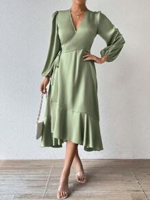 Calvaya Vestido largo de manga larga de satén verde salvia para mujer