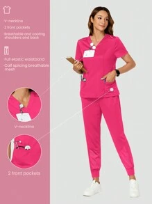 TaskEZ Solid Color Minimalist Daily V-Neck Short Sleeve Top & Pants Uniform Scrub Set - Hot Pink - View 4