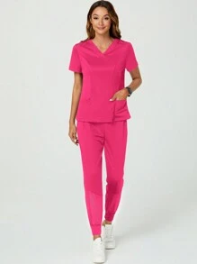 TaskEZ Solid Color Minimalist Daily V-Neck Short Sleeve Top & Pants Uniform Scrub Set - Hot Pink - View 7