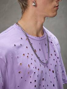 Manfinity VCAY 男士宽松落肩圆领短袖休闲 T 恤，适合日常夏季 - 淡紫色 - 查看 3