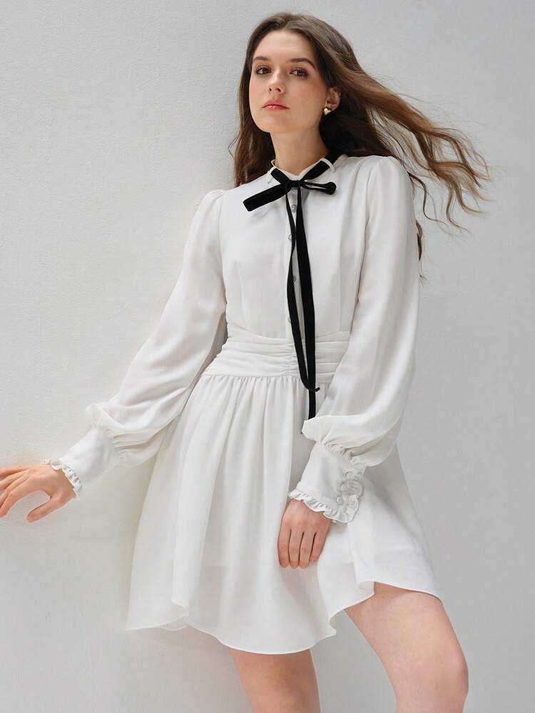 Autumn Dress, French Romantic, Elegant And Exquisite White Contrasting Bow, Buttoned Long-Sleeved Dress, Daily Commuting Wear