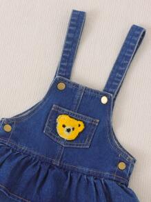 Girls' Casual And Stylish Denim Overall Dress With Cartoon Print And Pleats