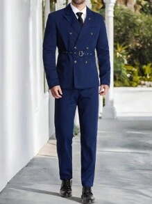 Manfinity Mode Men's Solid Color Double-Breasted Long Sleeve Suit Jacket And Pants Set - Navy Blue - View 3