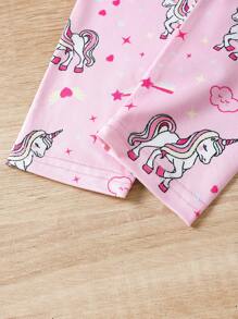SHEIN Leap Crew Young Girls' Knitted Unicorn Pattern Top & Bottom And Love Pattern Top & Knitted Pants Snug Fit Homewear Set, 2pcs/Set - Pink - View 6