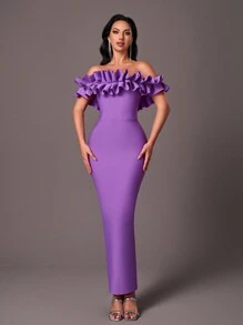 SHEIN Belle Elegant Purple Off Shoulder Exaggerated Ruffle Strapless High Waist Back Slit Slim Formal Evening Bandage Gowns Cocktail Semi Formal Prom Wedding Guest Dress, For Birthday, Graduation, Dinner, Homecoming - Purple - View 6