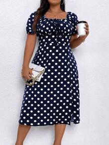 SHEIN Clasi Váy ngắn tay in họa tiết chấm bi cỡ lớn dành cho nữ - Màu xanh hải quân - Xem 6