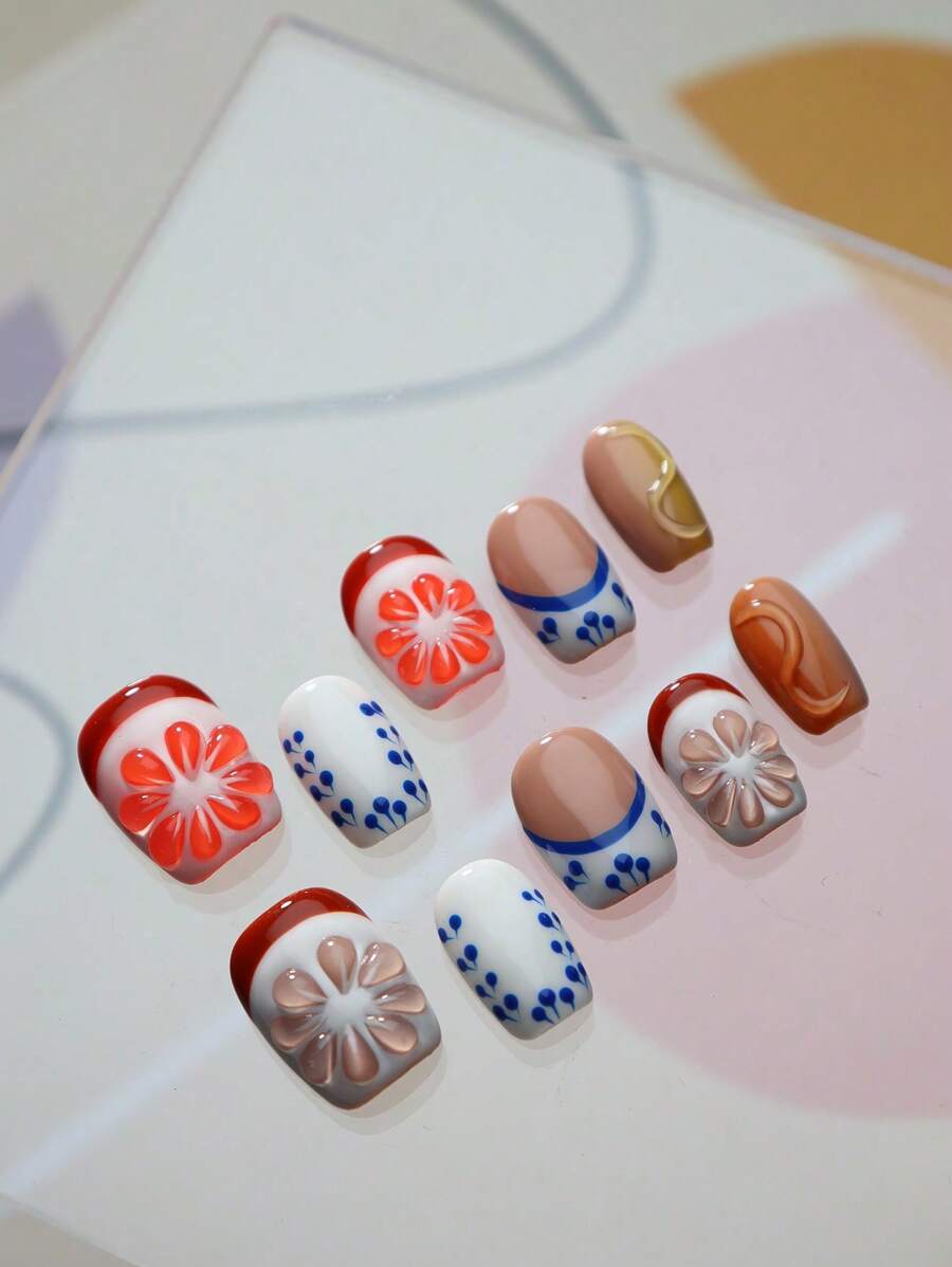 Elevate Your Style With Creative 10pcs Square Short Handmade French Porcelain Printing Japanese Style Fake Nail Creative 3d Three-Dimensional Decoration Orange Summer Nordic Funny Full Coverage Acrylic False Nail For Women And Girls - Multicolor - View 1