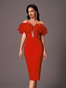 SHEIN Belle Vestido ajustado tipo vendaje con hombros al descubierto y adorno de plumas en color rojo elegante, adecuado para boda, baile de graduación, fiesta, vacaciones, cóctel, vestido semiformal. Apto para cumpleaños, invitado de boda, graduación, cena, regreso a casa. - Rojo - Ver 6
